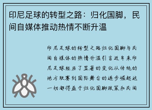 印尼足球的转型之路：归化国脚，民间自媒体推动热情不断升温