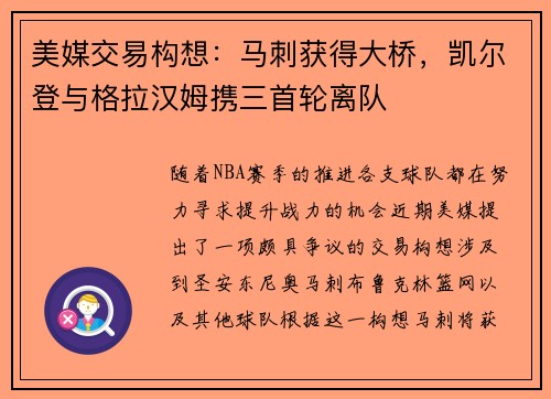 美媒交易构想：马刺获得大桥，凯尔登与格拉汉姆携三首轮离队