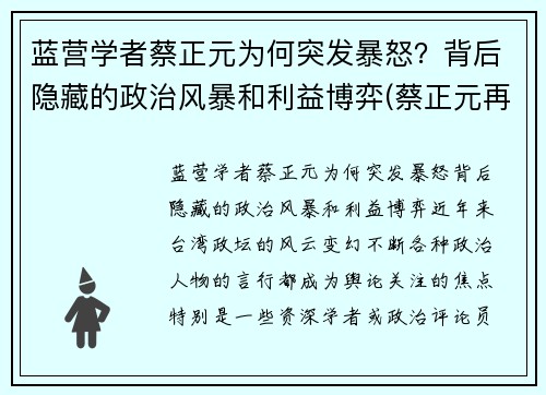 蓝营学者蔡正元为何突发暴怒？背后隐藏的政治风暴和利益博弈(蔡正元再婚)